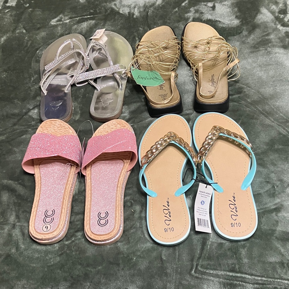 Four pairs of sandals, silver gold, pink, mint green size 9
